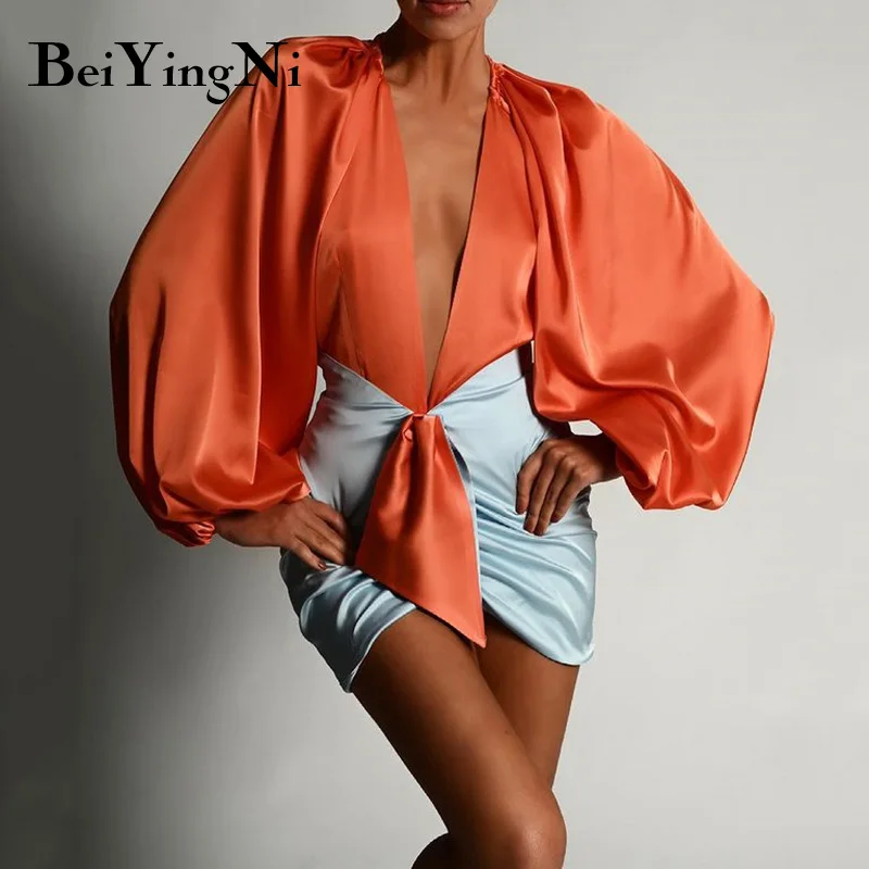 

Beiyingni 2022 Summer Satin Women Suit V-neck Long Sleeve Casual Sexy Jumpsuit And High Waist Ruches Mini Skirt Two Piece Set