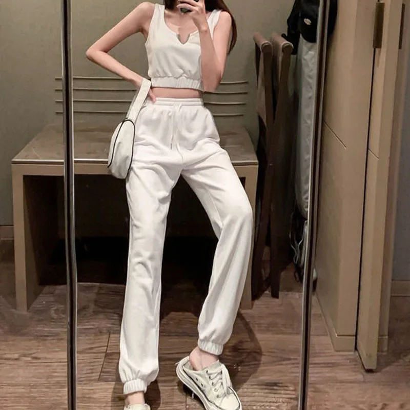

Fashion Women Casual Elastic Waist Jogger Pants Sets Sexy Slim Tube Top + Loose Streetwear Pant Two Pieces Female White Suits