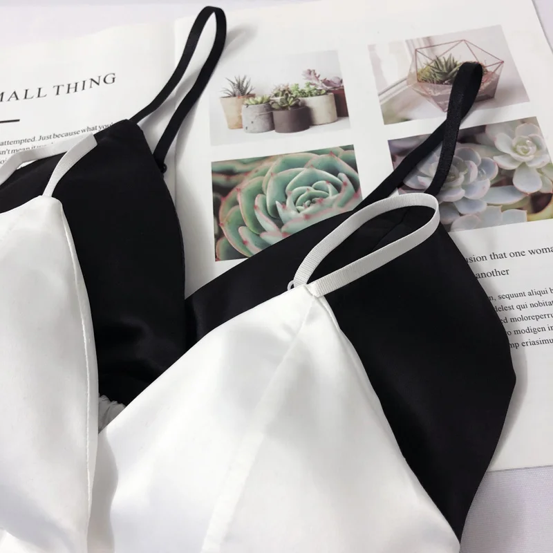 

Spring ummer White Black Deep V-Neck Short Camis Crop Top Women Slim Faux Satin Sleeveless Sexy Tank Tops Bra Vest Women C7324