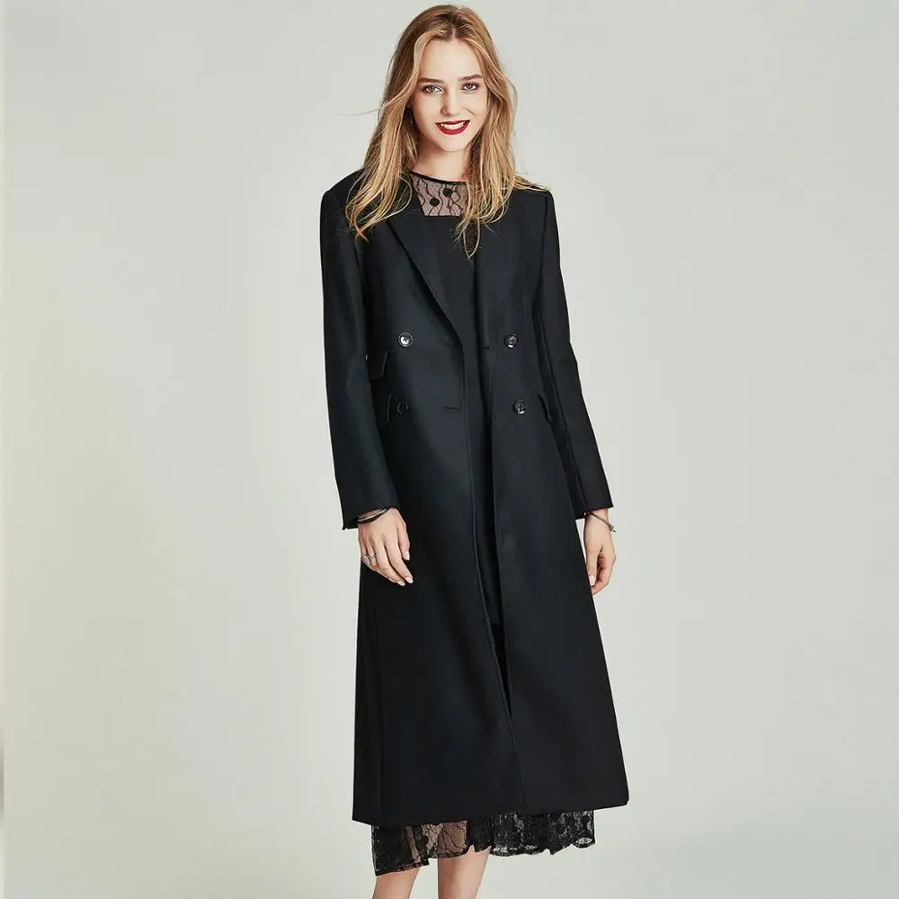 

HAVVA spring autumn double-breasted midi windbreaker women's black fashion over the knee straight trench coat F4172