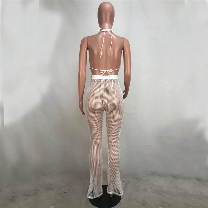 

Summer Beach Wear See-through Mesh Two Piece Sets Women Halter V-neck Tassel Backless Crop Top and Wide Leg Pants Club Outfits