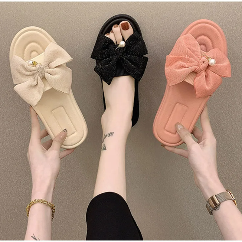 

2021 Women New Summer PVC Slippers Ladies Butterfly Knot Bathroom Flats Slides Female Open Toe Beach Casual Comfort Slipper