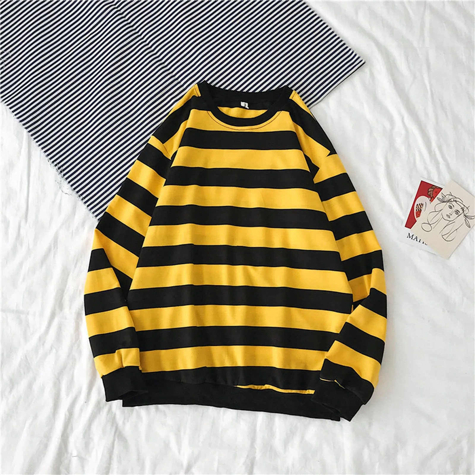 Hoodie Women Autumn Winter Round Neck Fashion Stripe Sweatshirt Pullover Tops Long Sleeve Blouse Loose Comfort Hoodies Sudaderas