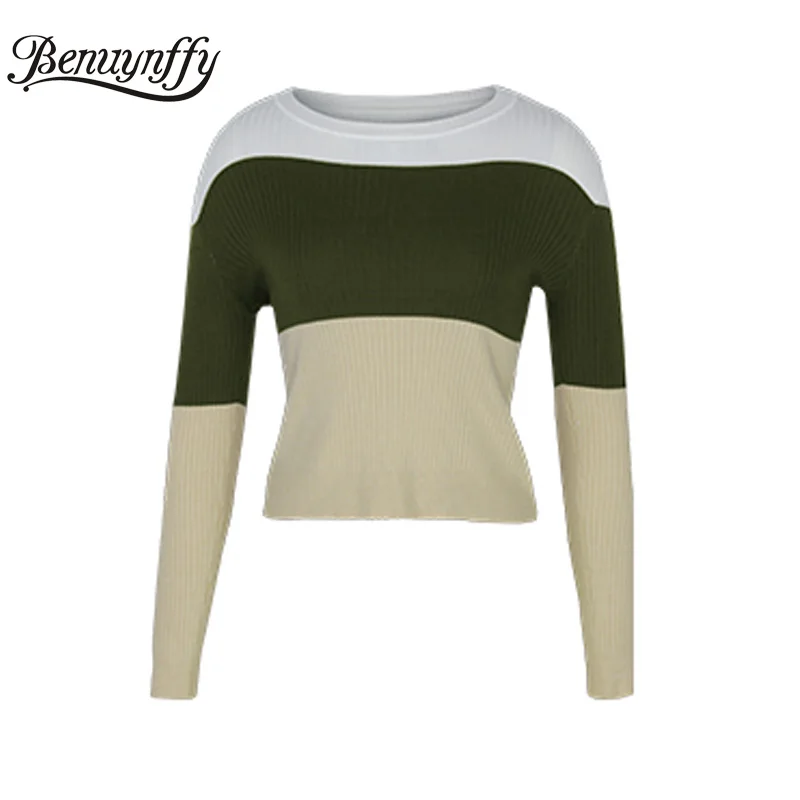 

Benuynffy Spring Autumn Women Fashion Color Block Knitted Pullovers Crew Neck Long Sleeve Casual Slim Fit Tops Female Clothes