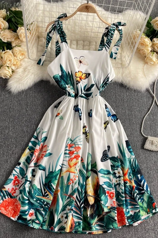 

Ladies holiday dress summer national tide retro heavy industry printing slim short temperament square neck suspender skirt