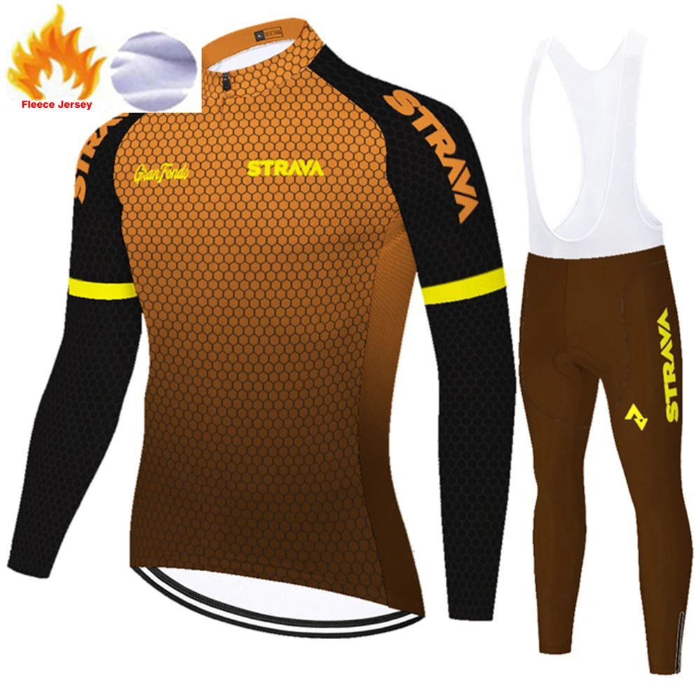 

Winter Thermal Fleece Set Cycling Clothes Men Jersey Suit Sport Riding Bike Clothing Bib Pants Warm Sets Ropa Ciclismo STRAVA