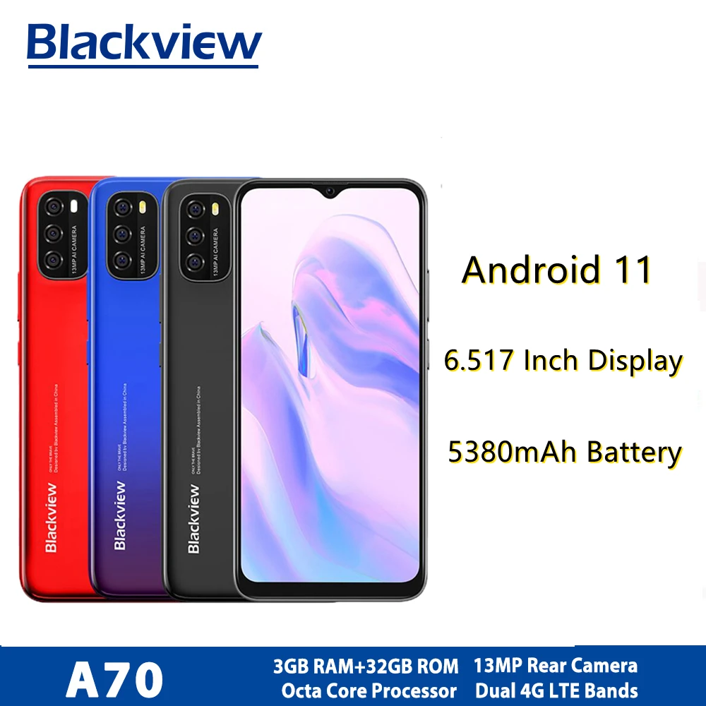 Blackview A70 Android 11 Mobile Phone 3GB RAM+32GB ROM 5380mAh 13MP Rear Camera 4G Smartphone 6.517 Inch Display Octa Core Phone