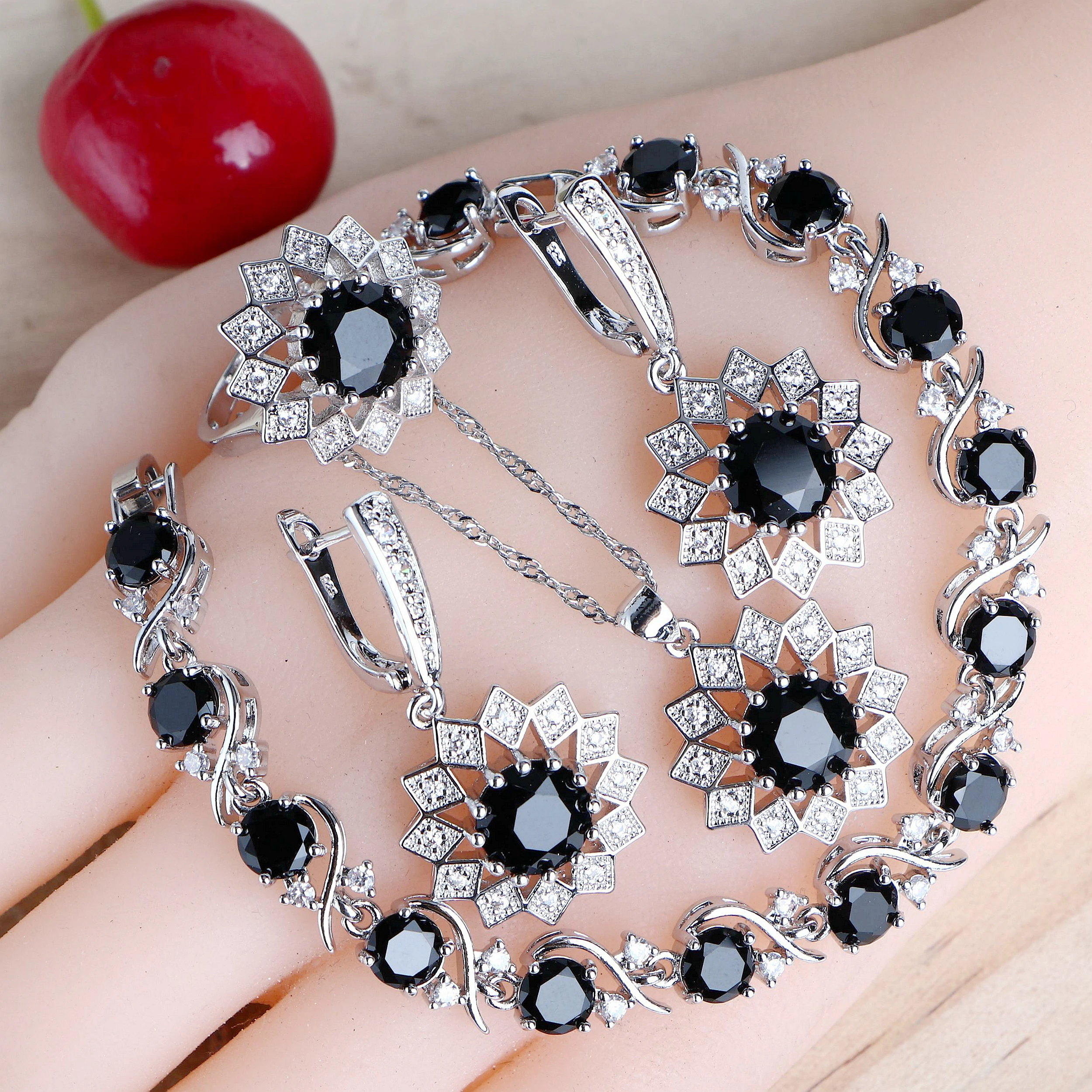 

Trendy Women Silver 925 Jewelry Sets Black Zirconia Costume Jewellery Bridal Wedding Necklace Earrings Rings Bracelets Pendant