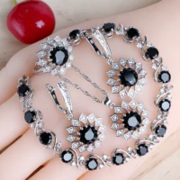 trendy women silver 925 jewelry sets black zirconia costume jewellery bridal wedding necklace earrings rings bracelets pendant