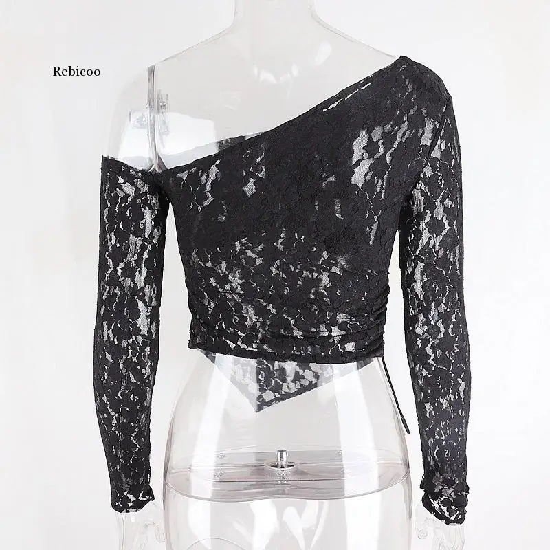 

Summer Women's Floral Lace Gothic Crop T-Shirt Black White Long Sleeve Ladies Top One Shoulder B Transparent Clothes