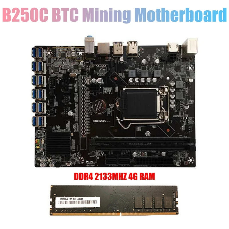 

B250C BTC Mining Motherboard with DDR4 4G 2133MHZ Memory 12XPCIE to USB3.0 Graphics Card Slot LGA1151 for BTC Miner