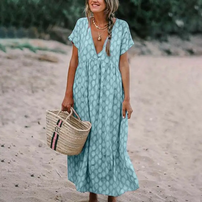 

2019 Celmia Summer Dress Women Sexy Short Sleeve Ruffled Maxi Long Dress Casual Loose Solid Pleated Beach Vestido Robe Plus Size