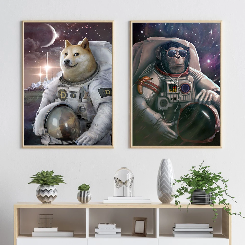 

Animal Dog Orangutan Astronaut Posters and Prints Space Farer Canvas Painting Modern Science Wall Art Pictures Office Home Decor