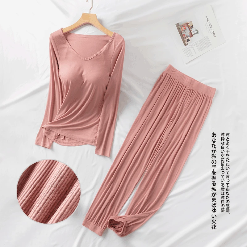 

AECU Women Modal Pajamas Sets Autumn Winter Padded Top Long Sleeve O-neck T-Shirt All Match Tee Long Johns Bra-T Homewear