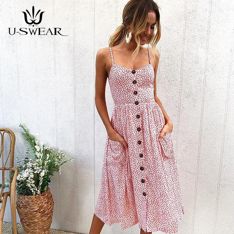 Женское платье с карманами в горошек желтое хлопковое средней длины