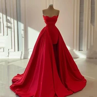 sexy red mini satin prom dresses with detachable train elegant boat neck backless evening party dresses long prom gowns