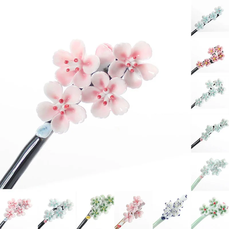 Chinese Vintage Ethnic Ceramics Jewelry Hand Pinch Flower Hair Sticks For Women Antique Bridal Headwear Accessories | Украшения и