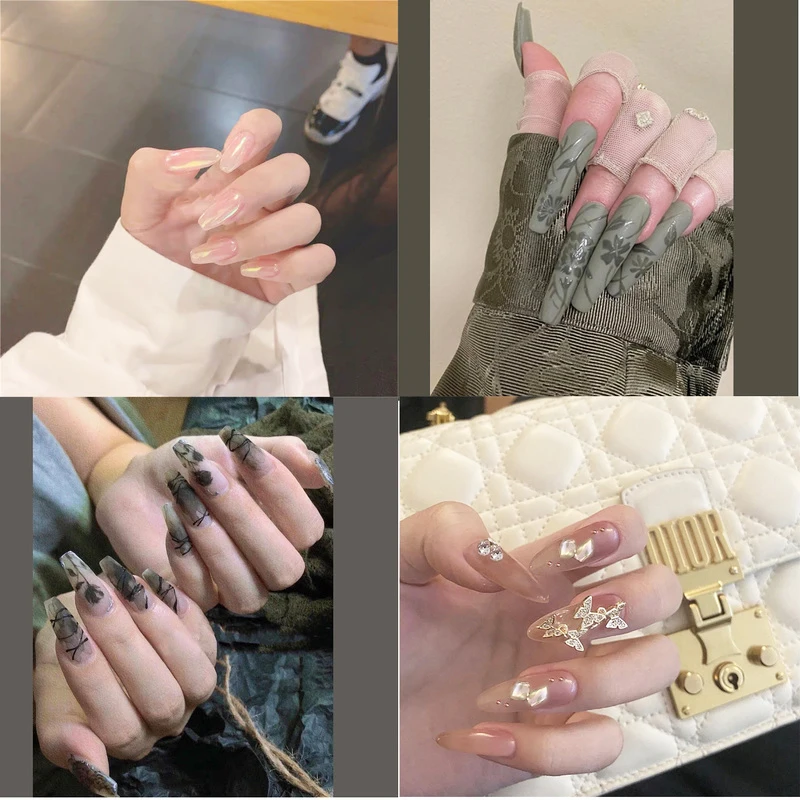 

Fake Nails with Glue Rhinestones Detachable French Stick on Nails Coffin Glitter Butterfly Abstract Watermark Press on Nails