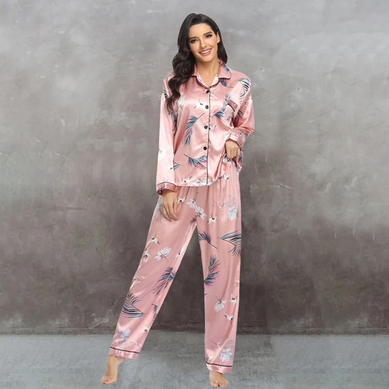 

UETEEYMALL Womens Satin Long-Sleeved Trousers Ladies Pajamas Suit Simple Style Long Pajamas Women's Home Service Spring / Summer