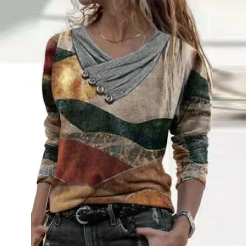 

Vintage Print Long Sleeve Blouse Shirts Women 2021 Spring Fashion Button Cross V-Neck Pullover Tops Female Casual Loose Blusas