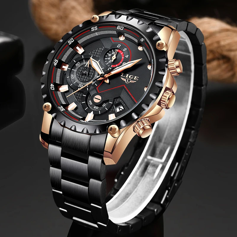 2020 New Mens Watches LIGE Top Luxury Brand Business Blue Stainless Steel Quartz Watch Mens Casual Waterproof Date Chronograph