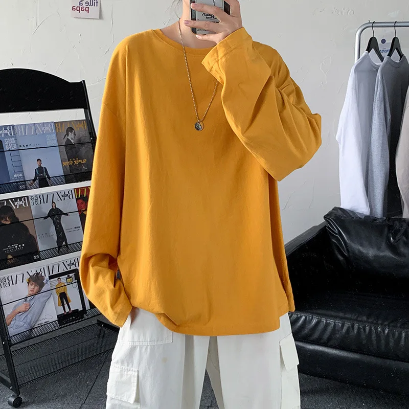 

2021 Oversized T Shirt Men Casual Solid Color Simple Long-Sleeved O-Neck Loose Cotton Bottoming Cool Summer Man Tops Wholesale