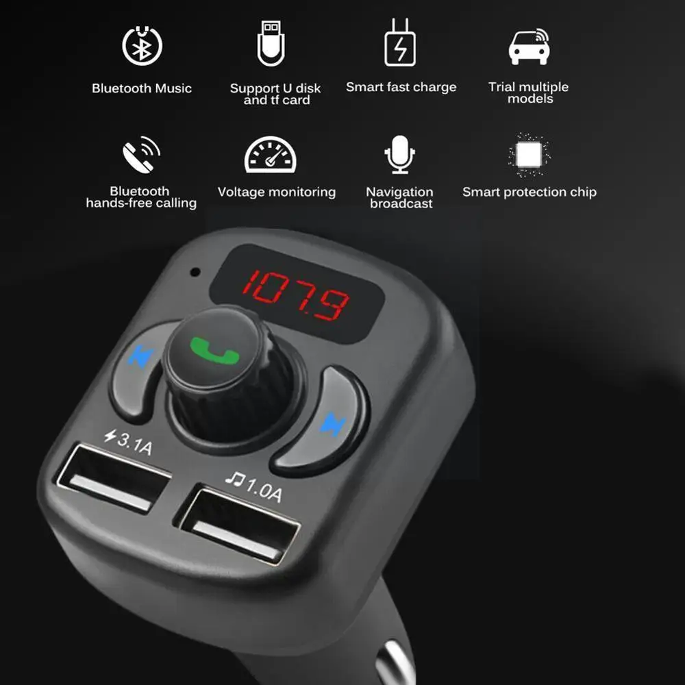 

FM Transmitter Aux Modulator Bluetooth 5.1 Handsfree Car Player with Car 3.1A Quick USB Kit Audio Charger MP3 Car Dual Char T2A1