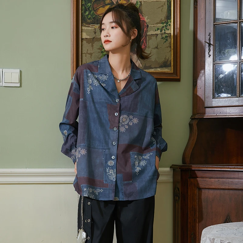 

2021 Spring Fitting Blouse Dark Blue Long Sleeve Vintage Print Cardigan Shirt Tops Lady Floral Pattern Spliced Chic Blusas Mujer