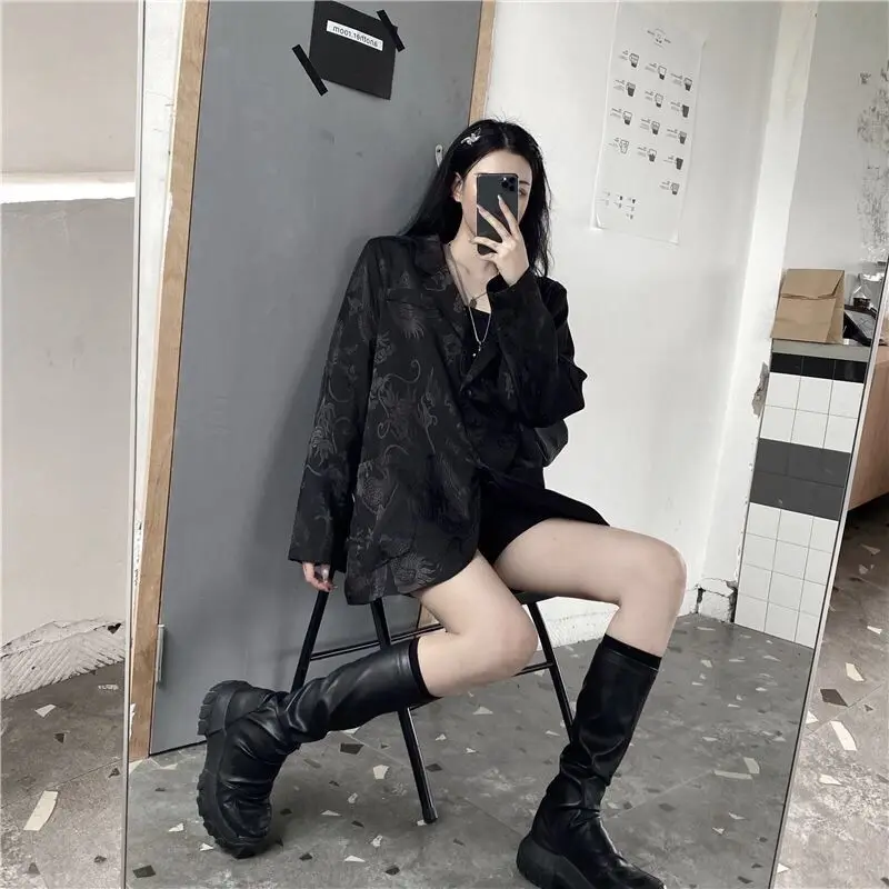 

Gothic Vintage Women Jacket Long Sleeve Retro Silky Satin Blazer For Female Fashion Chinese Dragon Print Jacket White Outwears