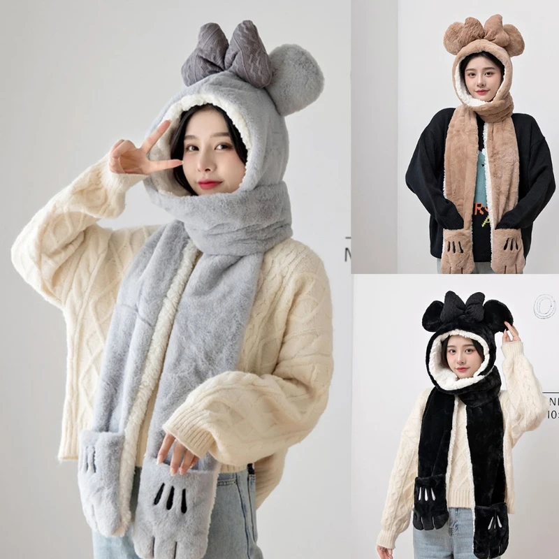 

Winter Women Novelty Plush Hat Cute Bowknot Hat Casual Plush Hat Scarf Gloves Set Casual Women Caps Present for Girls