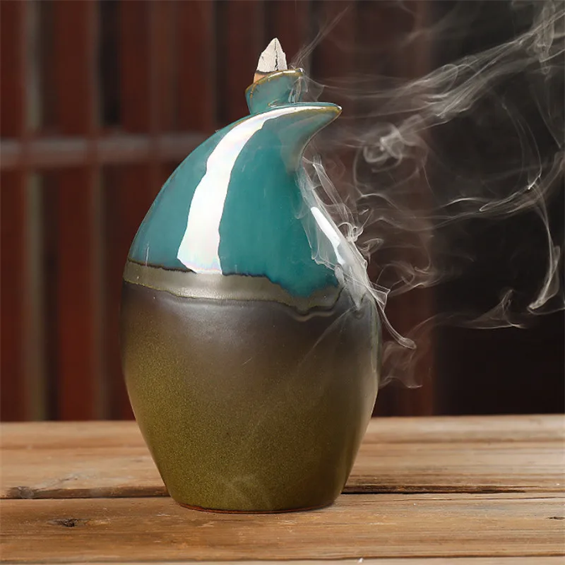Керамический обратный поток благовоний горелка синий застекленный дым водопад