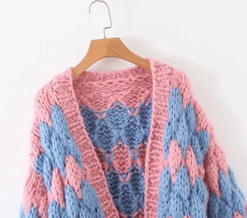 CHICEVER Hit Color Sweater For Women V Neck Lantern Long Sleeve Oversize Cardigans Female Autumn Winter Fashion New 2020 Clothes |