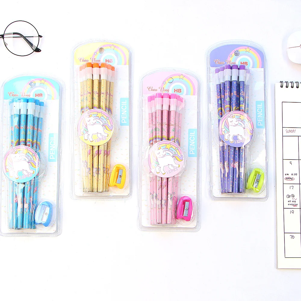 12 шт./компл. карандаш с милым единорогом + точилка для карандашей HB эскиз товары