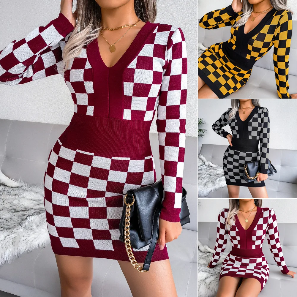 

Net red hot style autumn and winter V-neck checkerboard lattice bag hip skirt knitted dress