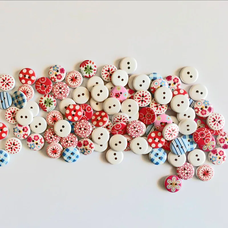 

100pcs 15mm Mixed round retro Floral printing pattern wood decorative button2 holes Sewing wood button flatback Scrapbook