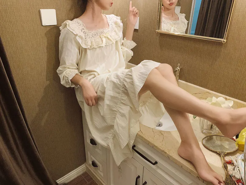 

Princess Style Nightdress Spring/Summer Sweet Lace Square Collar with Bowknot Sleepwear Cute Long Sleeve Lotus Leaf Nightgown