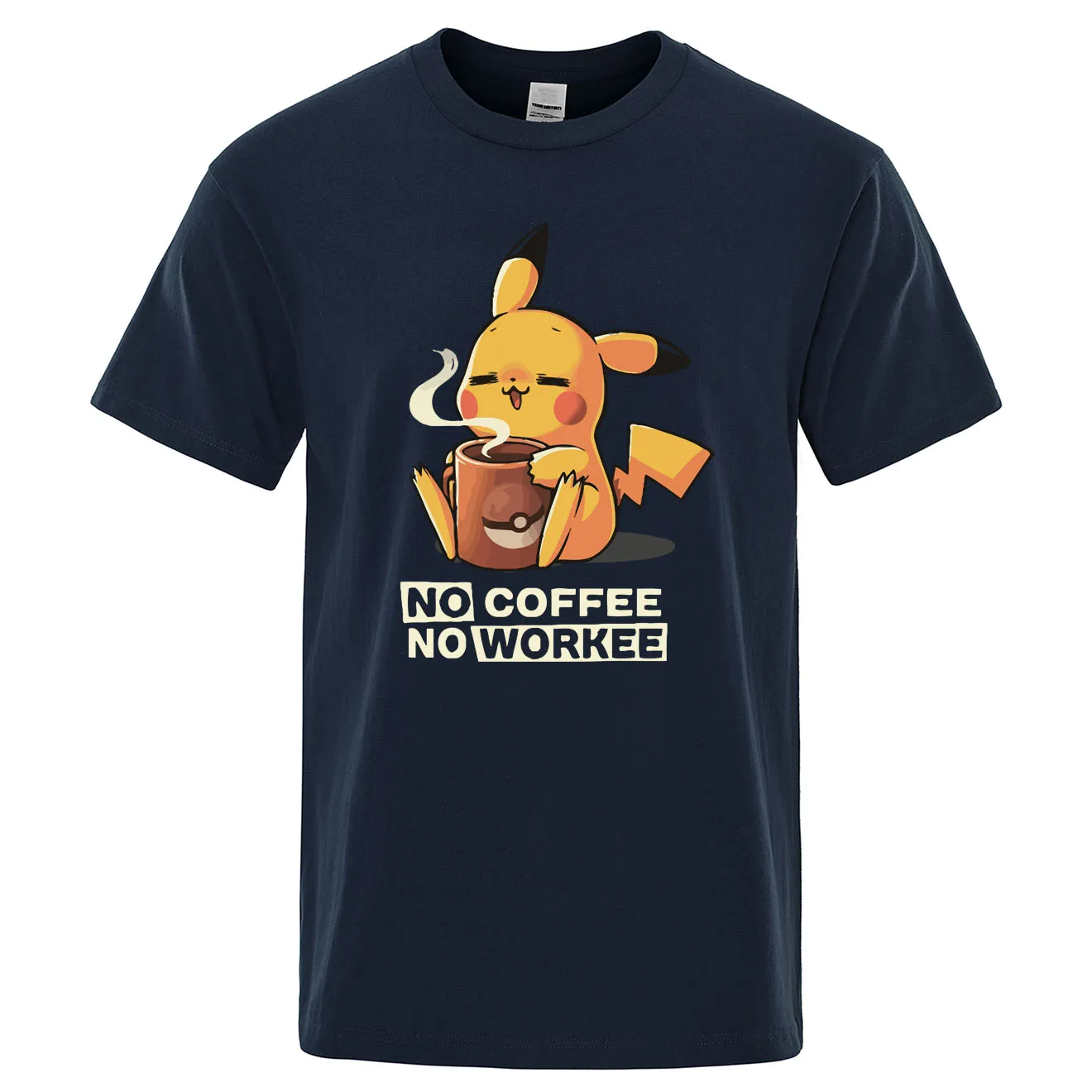 Футболки NO COFFEE NO WORKEE, Пикачу, футболка Pokemon, повседневные мужские футболки с круглым вырезом, Забавные футболки, черные мужские топы, брендовая одежда - Цвет: dark blue 6