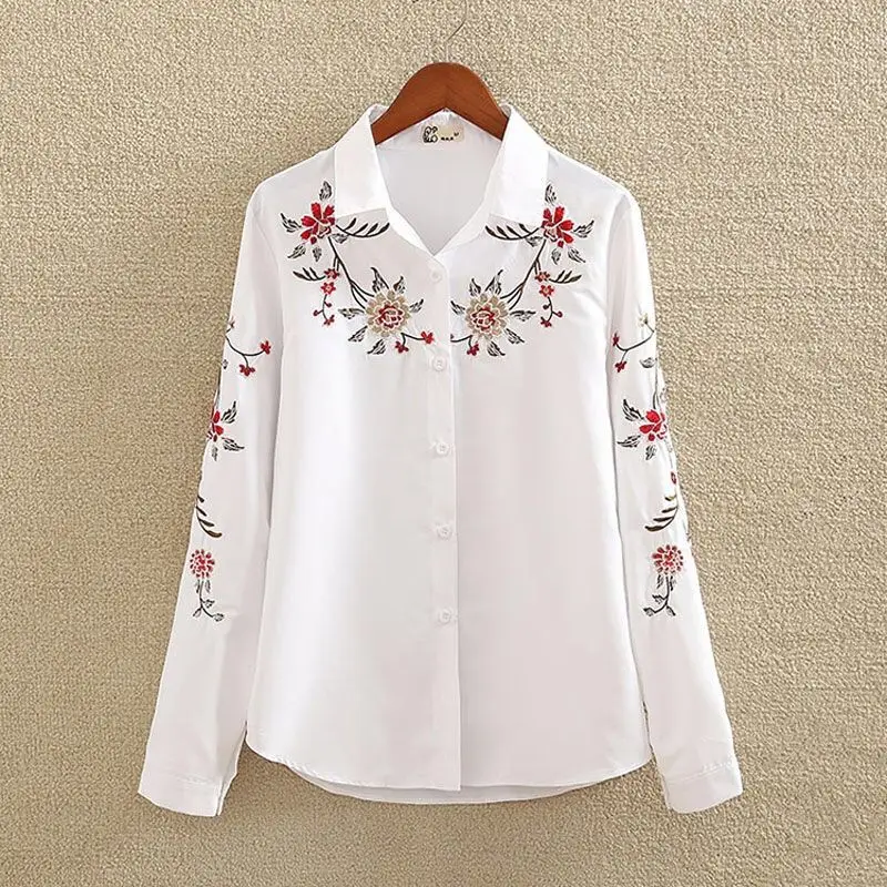 

Plus Size Women Clothing White Shirt Long Sleeve Autumn Vintage Flower Embroidered Blouse Ladies Button Up Shirt Tops Casual 5XL
