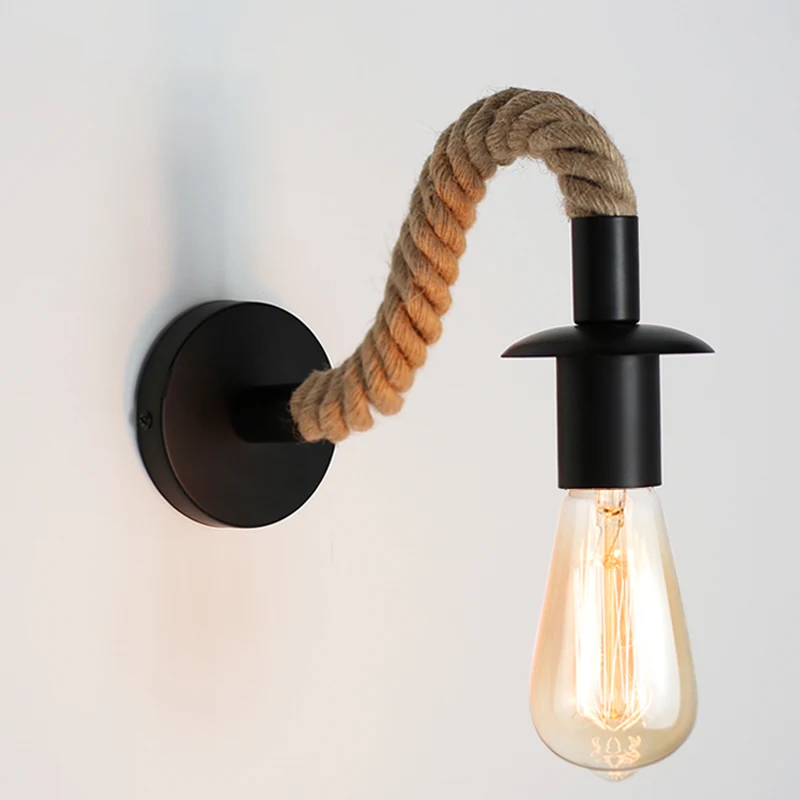 

Vintage Rope Hemp Wall Lamp sconce Wood light E27 110V 220V Indoor Loft corridor Wall Lights Industrial corner Bedside Lamp