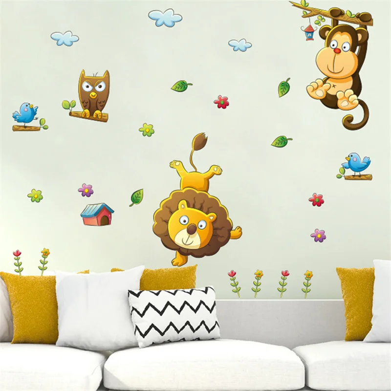 

Cute Lion Monkey Owl Wall Stickers Cartoon Animal Lion Monkey Wall Decals For Kids Room Living Room Bedroom Nursery Home Decor