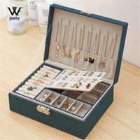 we new double layer high capacity leather jewellery box ear stud earrings ornament storage box multi function large jewelry box