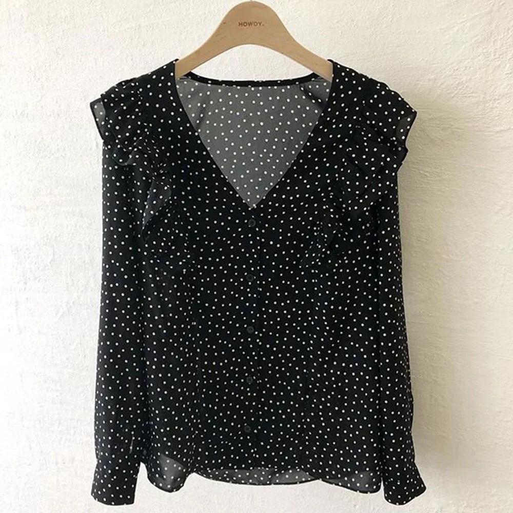 Корейская шифоновая блузка для женщин 2020 с длинным рукавом круглым вырезом