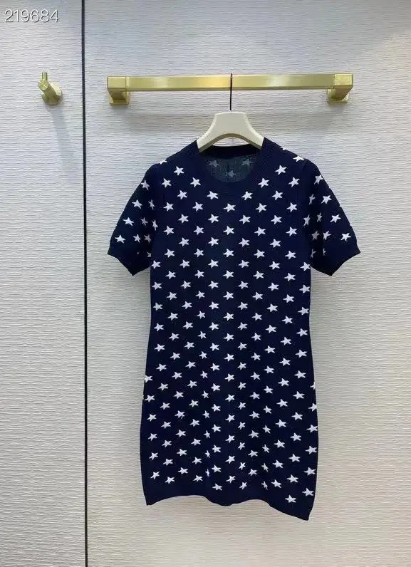 

2021 New Fashion Summer Knit Mini Dress Women Elegant Vintage Star Print O-Neck Short Sleeves Dresses Ladies Runway