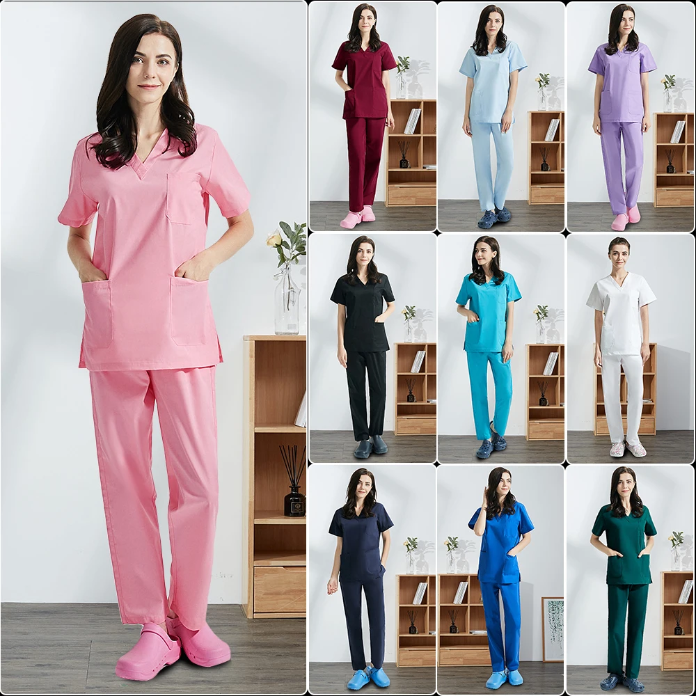 

High quality frosted V-neck short-sleeved top beauty salon elastic waist pants unisex breathable soft nursing uniform wholesale