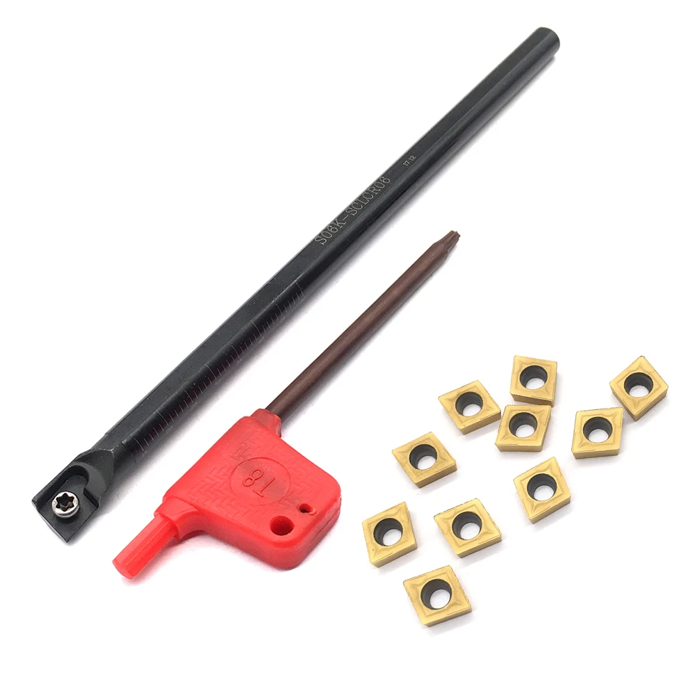 

10pcs CCMT060204 Carbide Inserts Steel Blades + 1pc S06K SCLCR06 CNC Lathe Turning Tool Holder 6x125mm Boring Bar with T8 Wrench