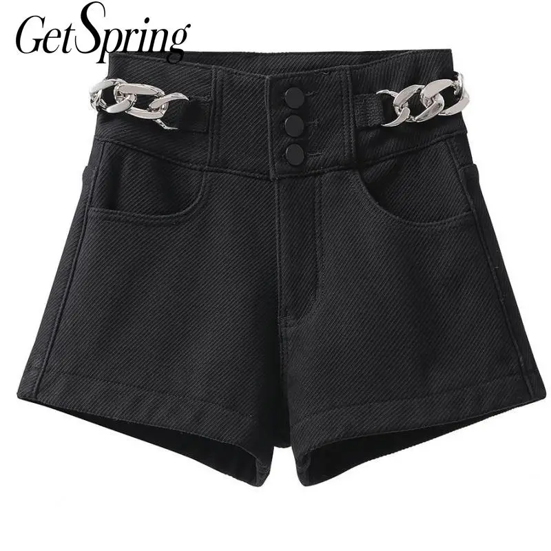 

GETSPRING Women Short Chain Patchwork Black Jean Shorts Women Summer Vintage Plus Size Sexy High Waisted Denim Shorts Women 2021