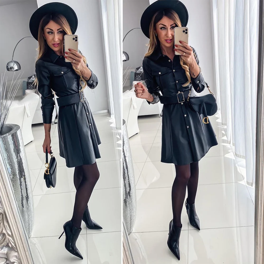 

Sashes Pu Leather A-Line Sheath Dresses Women Turn-down Collar Long Sleeve Party Night Club Office Lady Sexy Bodycon Dress D30