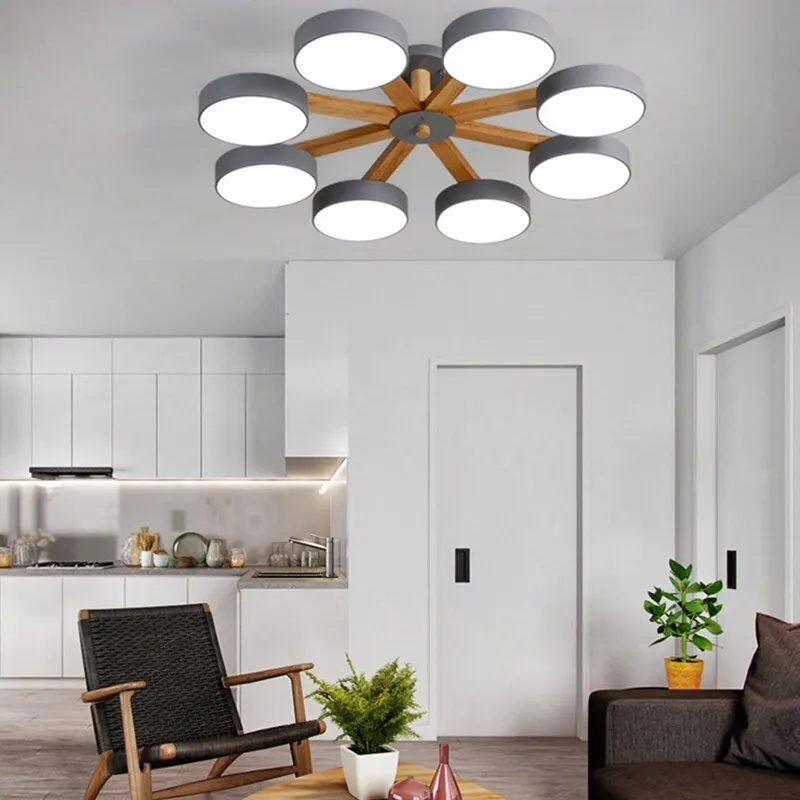 

Nordic simple dimming wooden stand & disc lampshade 220 V ceiling chandelier kitchen bedroom living room dining room hotel room