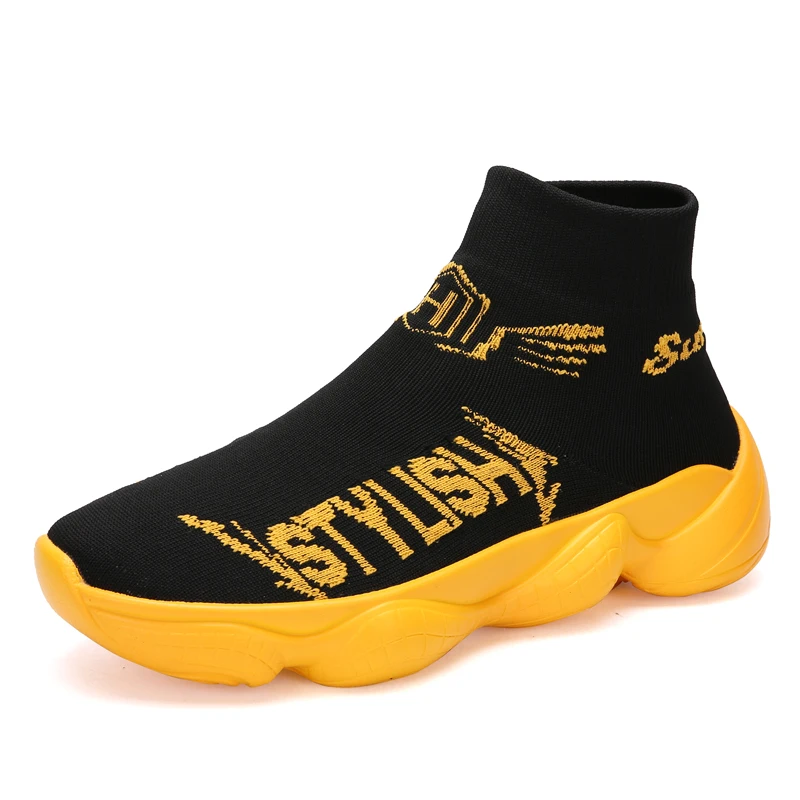 black yellow B001 Модная повседневная обувь; мужской брендовый носок; кроссовки на шнуровке; дышащая обувь для бега; Мужская крутая прогулочная обувь с высоким берцем; zapatos hombre - Цвет: black yellow B001