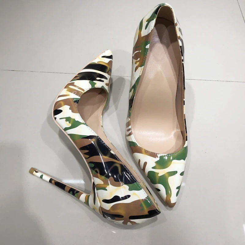 Туфли лодочки женские камуфляжные на высоком каблуке 12 см с острым